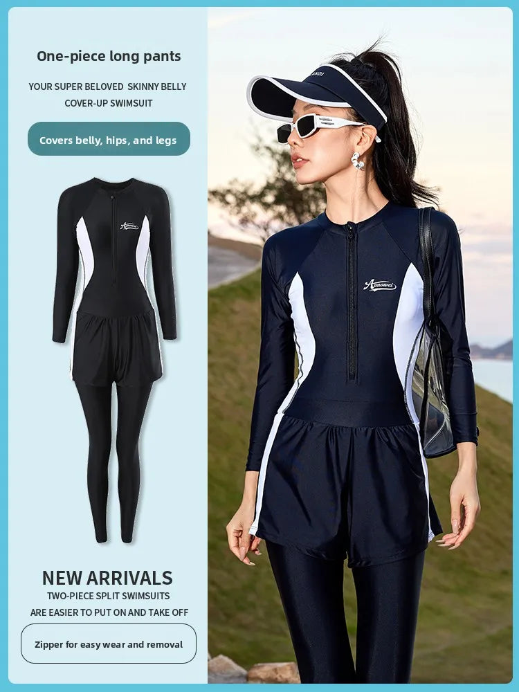 2024 New Women's One-Piece Swimsuit Long Sve Full Body Sunscreen Slimming Surfing Diving Swimming Suit Conservatively Desi...