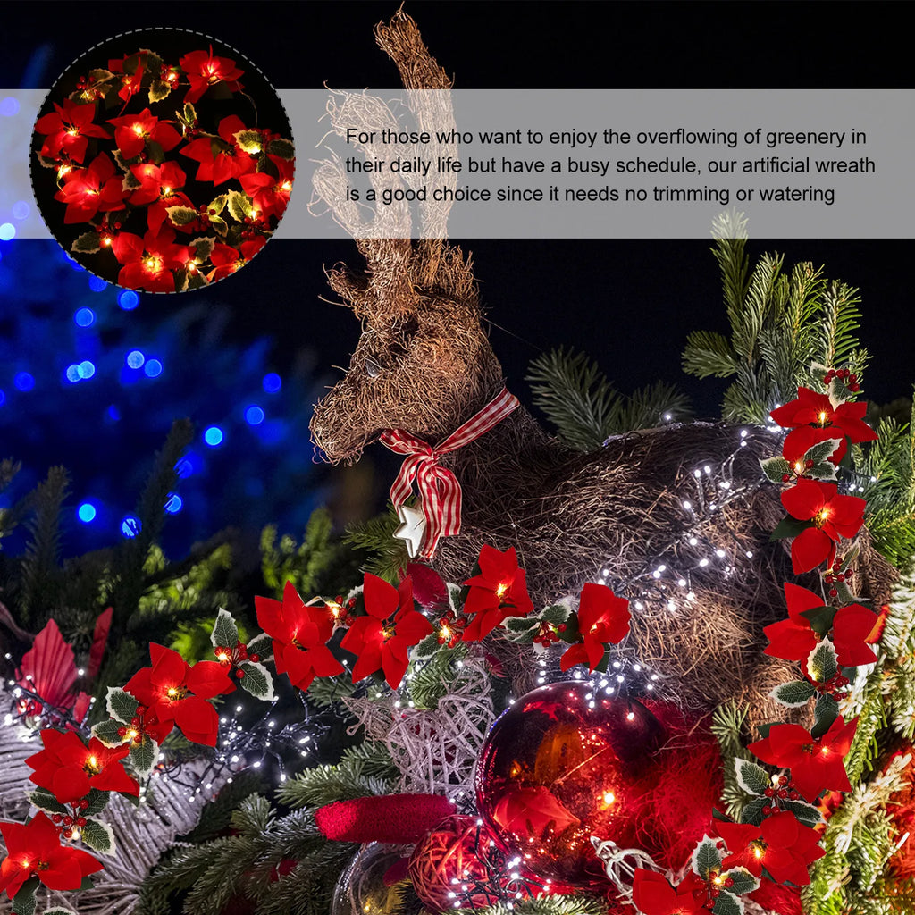 Artificial Red Flowers Wreath Light String Outdoor Indoor Decorative Garland Lamp for Christmas Party Festival Door Hanging