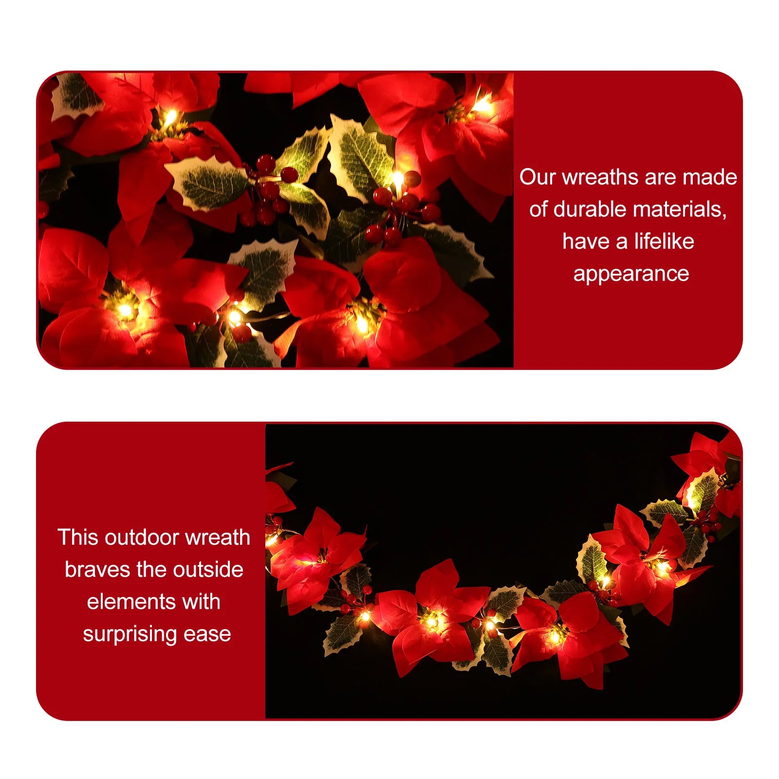 Artificial Red Flowers Wreath Light String Outdoor Indoor Decorative Garland Lamp for Christmas Party Festival Door Hanging