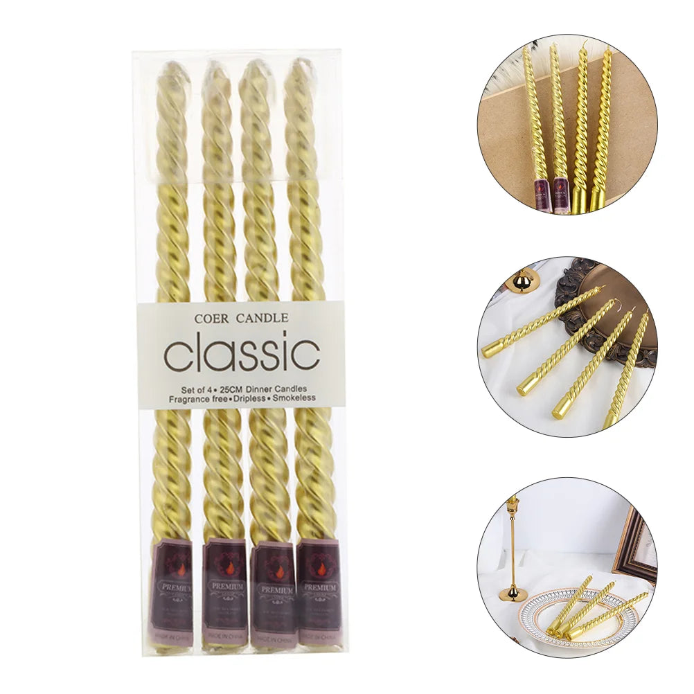 4 Pcs Golden Long Spiral Candles Wax Pillar Home Decor Birthday Party Wedding Anniversary Baby Shower Bridal Spiral Taper