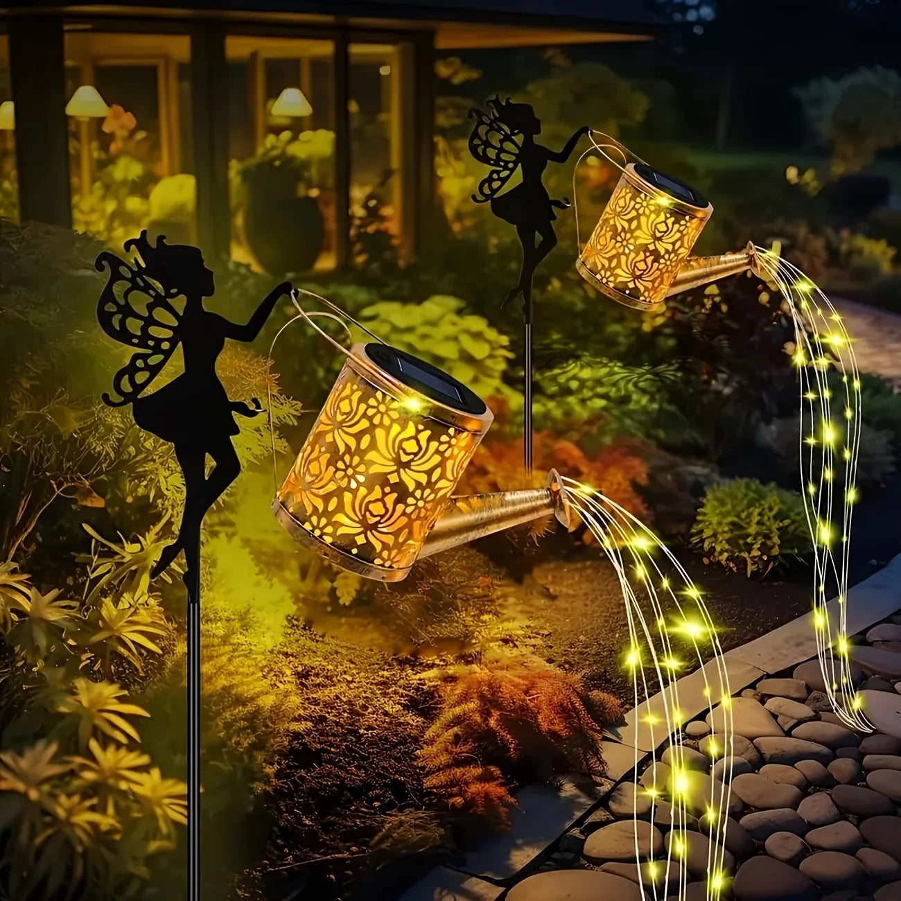 2pcs Solar Watering Can Lights, IP65, Hanging Solar Waterfall Lights, Festival Decorations, Outdoor Holiday Ornaments, Solar Watering Can Lamp with String Lights, Ground Plug Solar Garden Lawn Lights, Perfect for Christmas Gifts