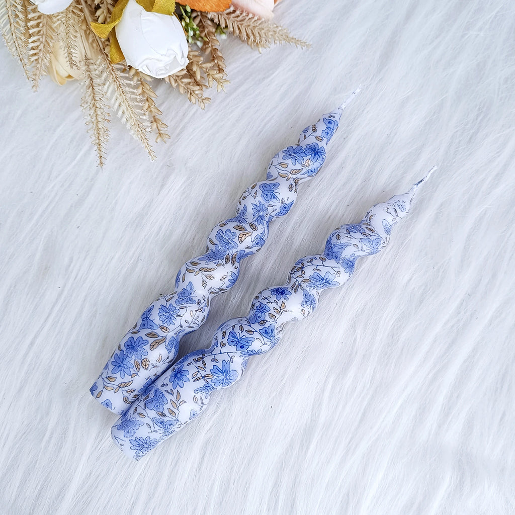 SSY Handmade Candles Blue Flower Pattern Candles Gift Giving, 2pcs 7.28 inch Paraffin Spiral Pole Wax Unscented Candles