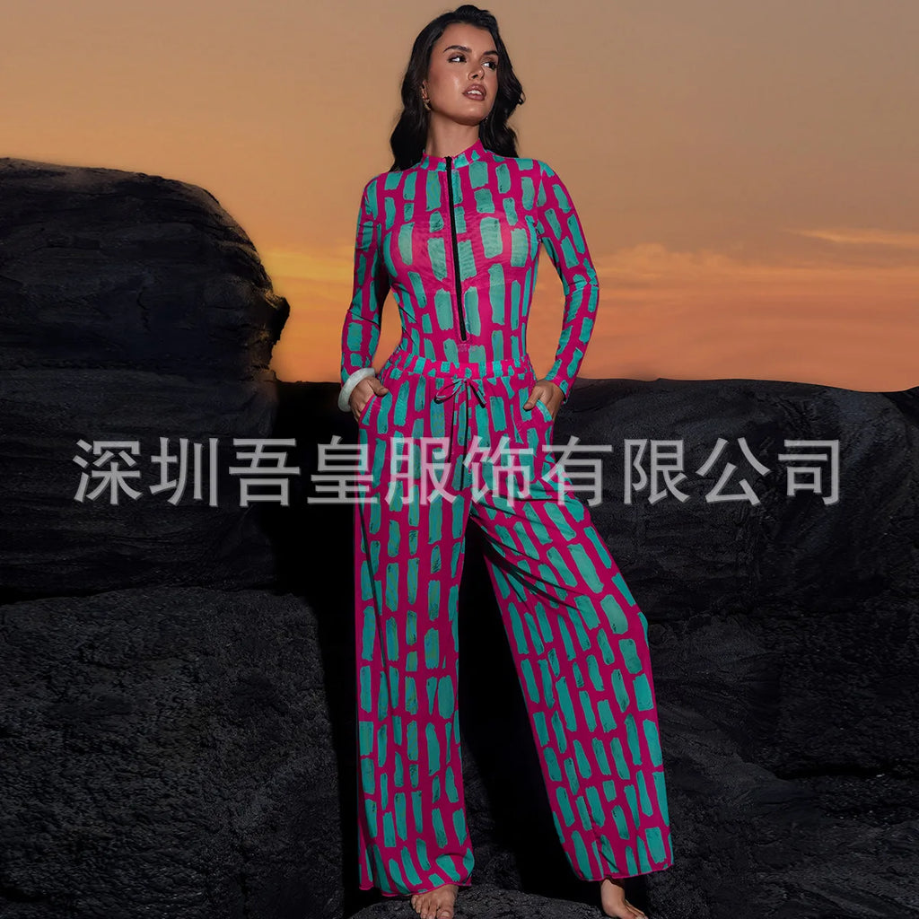 One Piece Swimsuit Women Long Sleeve Swimwear Pants UPF 50+ Quick-Dry Beachwear with Front Zipper New Print Beach Bathing Suit