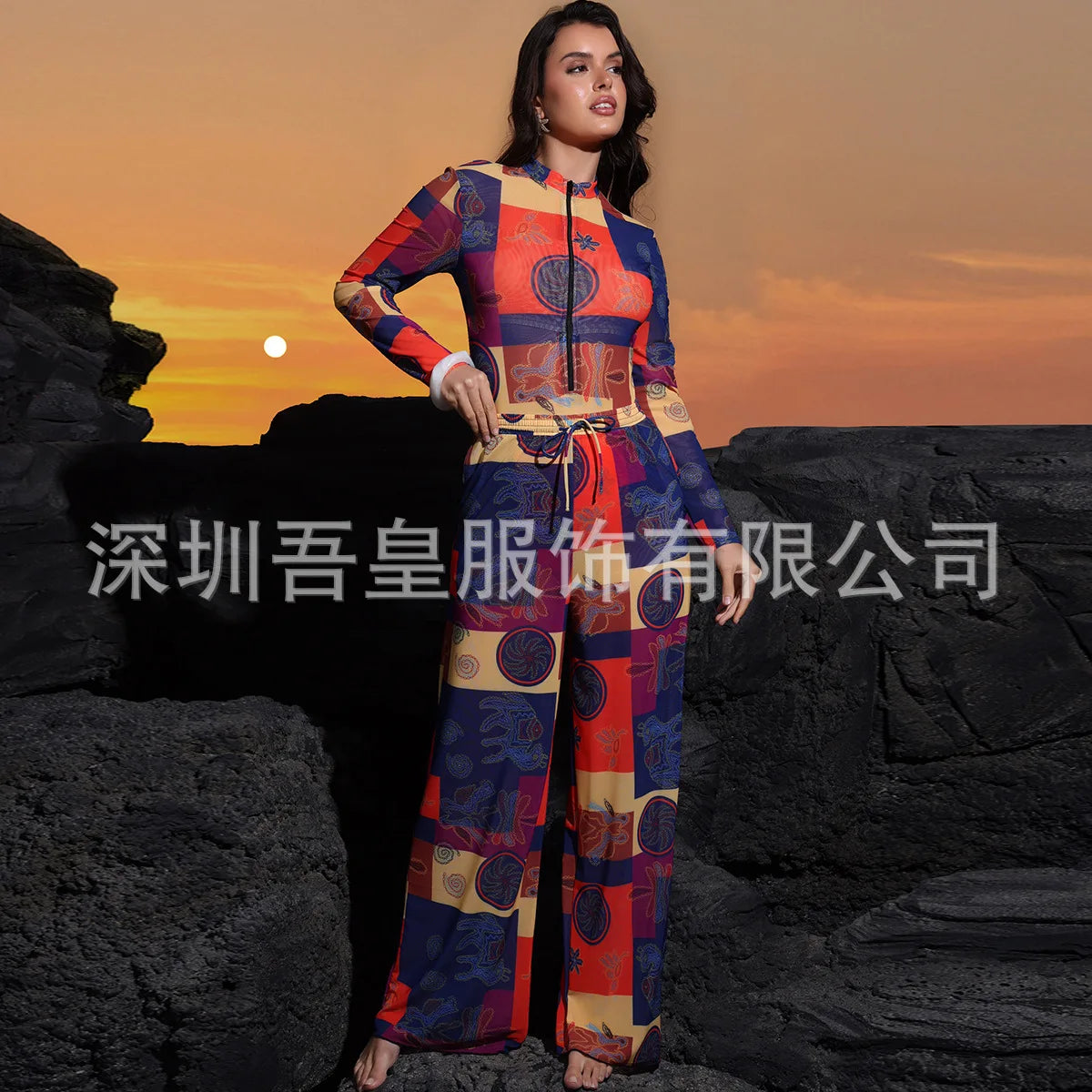 One Piece Swimsuit Women Long Sleeve Swimwear Pants UPF 50+ Quick-Dry Beachwear with Front Zipper New Print Beach Bathing Suit