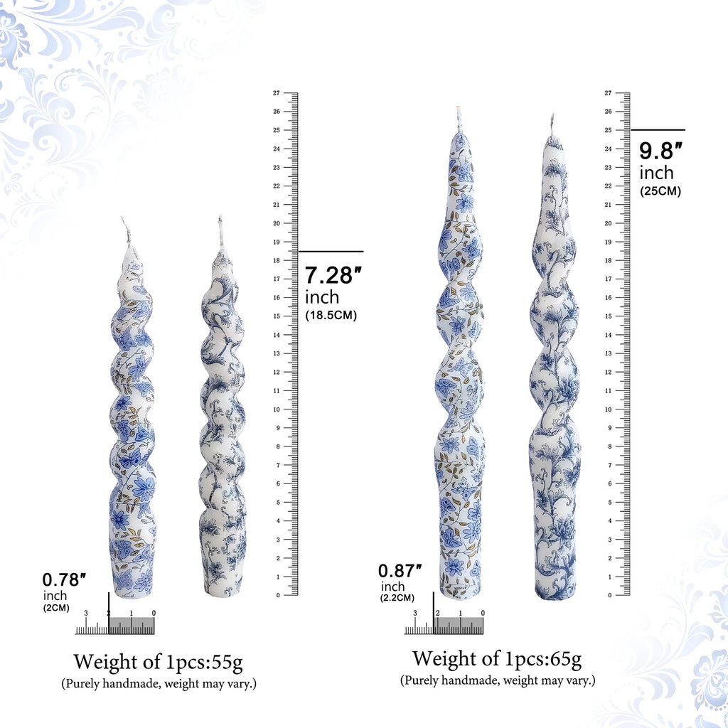 SSY Handmade Candles Blue Flower Pattern Candles Gift Giving, 2pcs 7.28 inch Paraffin Spiral Pole Wax Unscented Candles