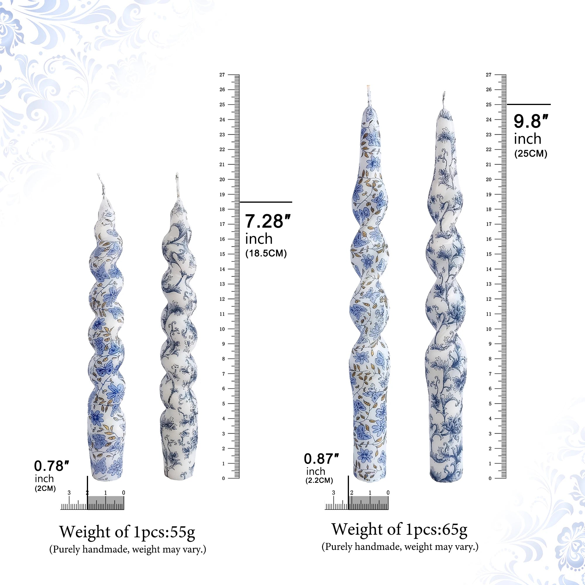 SSY Handmade Candles Blue Flower Pattern Candles Gift Giving, 2pcs 7.28 inch Paraffin Spiral Pole Wax Unscented Candles