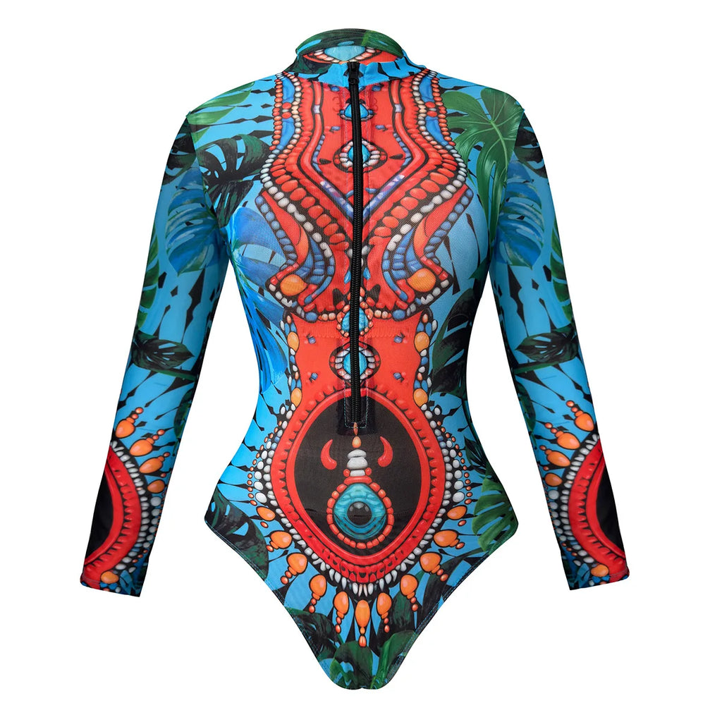 One Piece Swimsuit Women Long Sleeve Swimwear Pants UPF 50+ Quick-Dry Beachwear with Front Zipper New Print Beach Bathing Suit