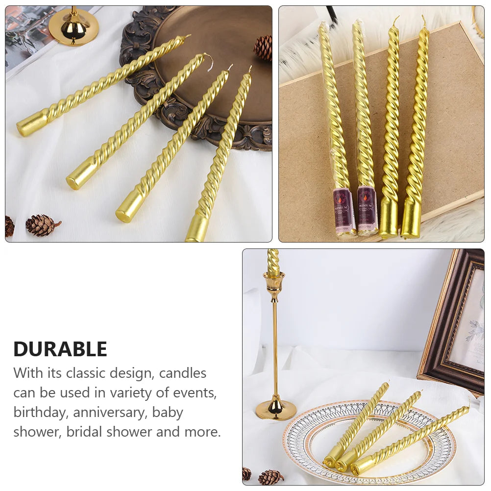4 Pcs Golden Long Spiral Candles Wax Pillar Home Decor Birthday Party Wedding Anniversary Baby Shower Bridal Spiral Taper