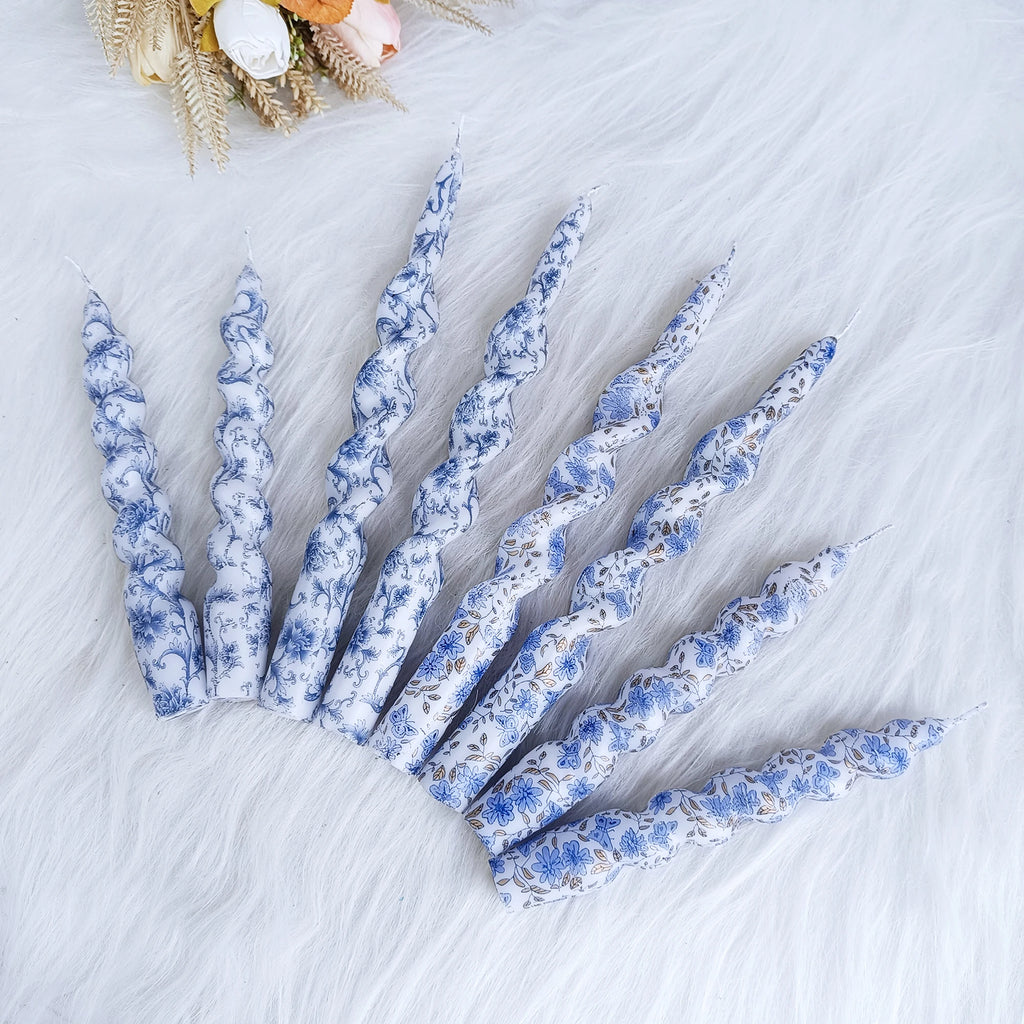 SSY Handmade Candles Blue Flower Pattern Candles Gift Giving, 2pcs 7.28 inch Paraffin Spiral Pole Wax Unscented Candles