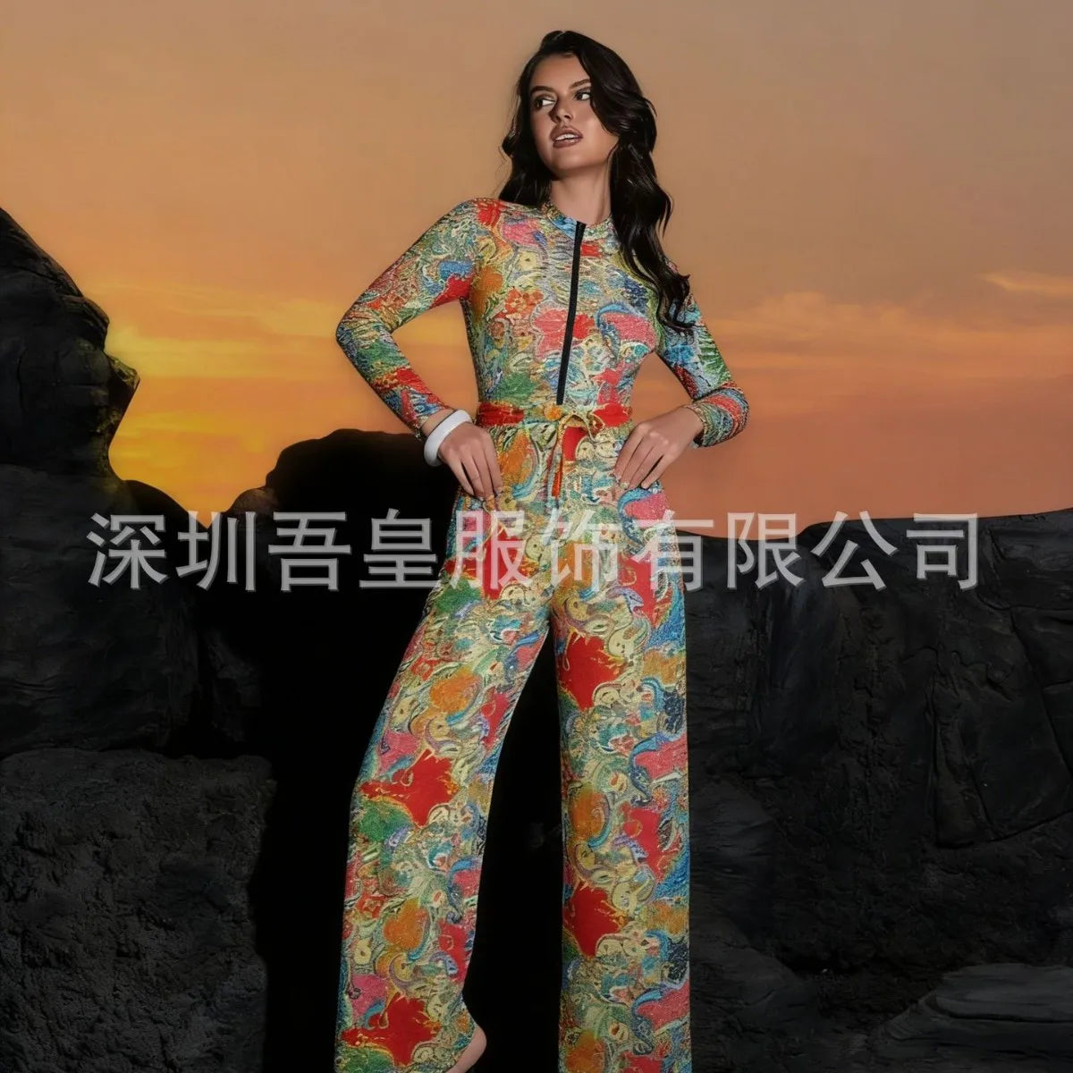 One Piece Swimsuit Women Long Sleeve Swimwear Pants UPF 50+ Quick-Dry Beachwear with Front Zipper New Print Beach Bathing Suit