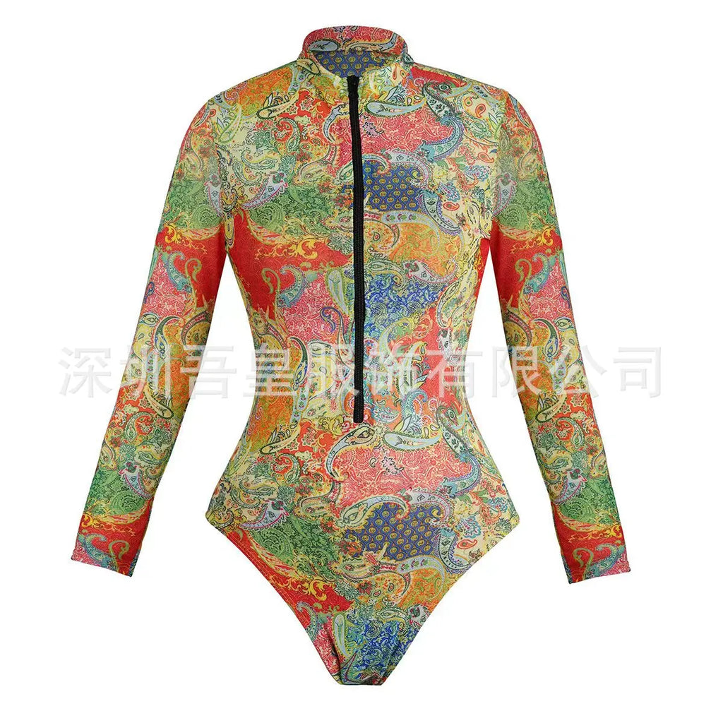 One Piece Swimsuit Women Long Sleeve Swimwear Pants UPF 50+ Quick-Dry Beachwear with Front Zipper New Print Beach Bathing Suit