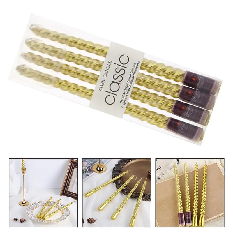 4 Pcs Golden Long Spiral Candles Wax Pillar Home Decor Birthday Party Wedding Anniversary Baby Shower Bridal Spiral Taper
