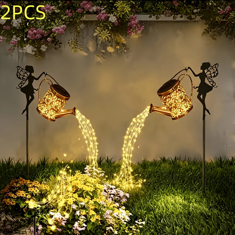 2pcs Solar Watering Can Lights, IP65, Hanging Solar Waterfall Lights, Festival Decorations, Outdoor Holiday Ornaments, Solar Watering Can Lamp with String Lights, Ground Plug Solar Garden Lawn Lights, Perfect for Christmas Gifts
