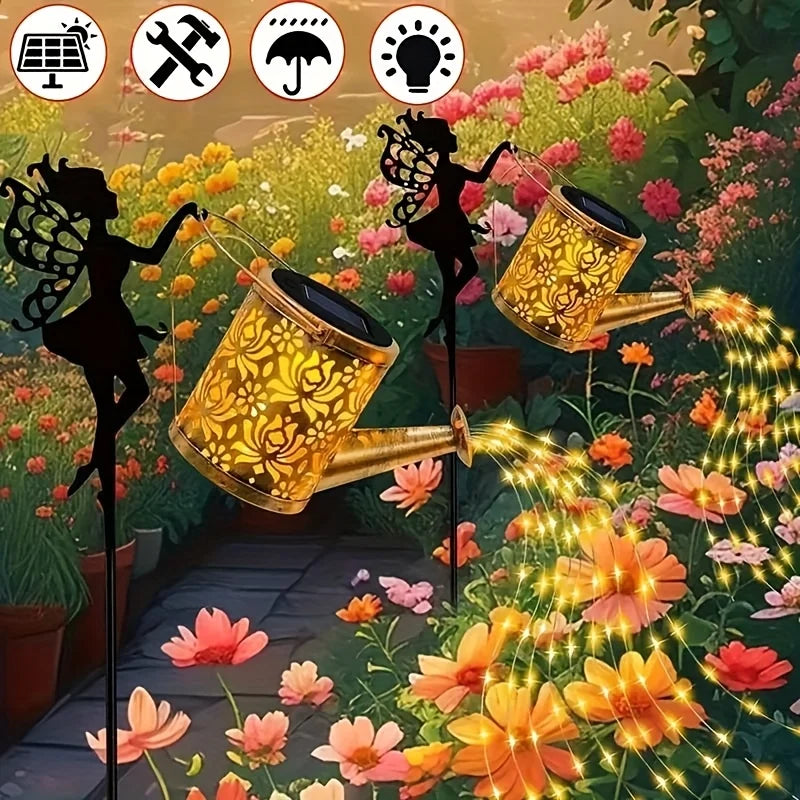2pcs Solar Watering Can Lights, IP65, Hanging Solar Waterfall Lights, Festival Decorations, Outdoor Holiday Ornaments, Solar Watering Can Lamp with String Lights, Ground Plug Solar Garden Lawn Lights, Perfect for Christmas Gifts