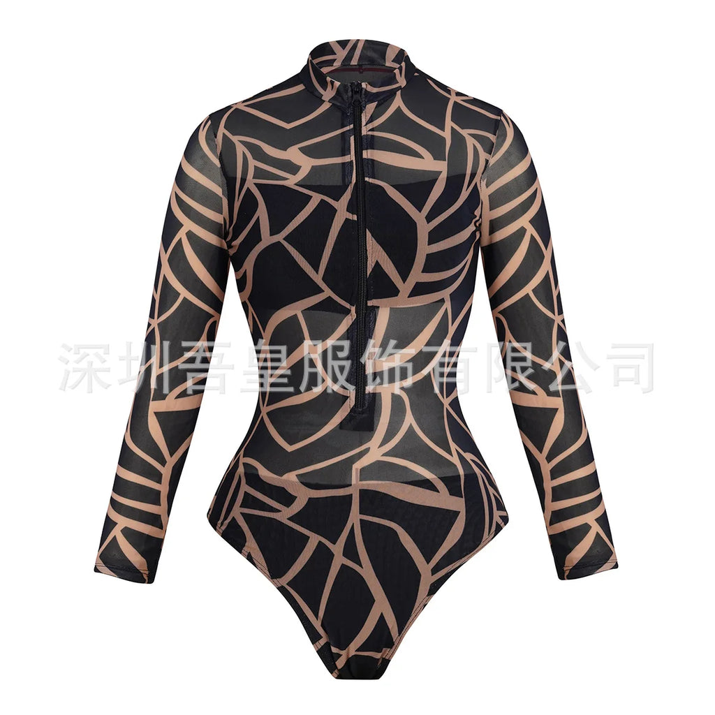 One Piece Swimsuit Women Long Sleeve Swimwear Pants UPF 50+ Quick-Dry Beachwear with Front Zipper New Print Beach Bathing Suit