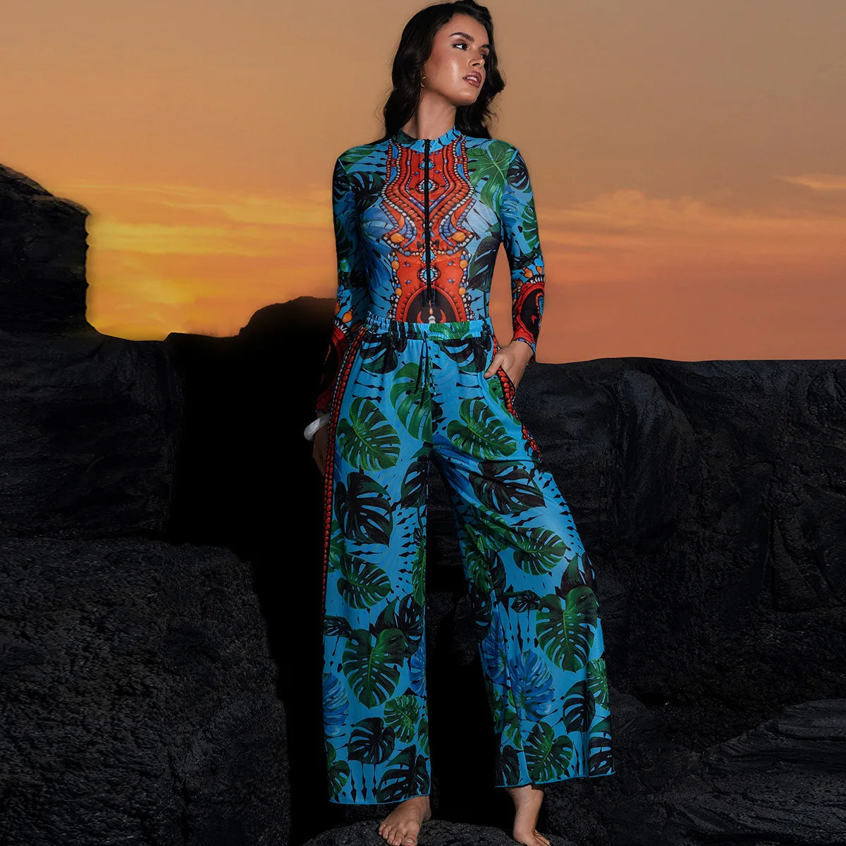 One Piece Swimsuit Women Long Sleeve Swimwear Pants UPF 50+ Quick-Dry Beachwear with Front Zipper New Print Beach Bathing Suit