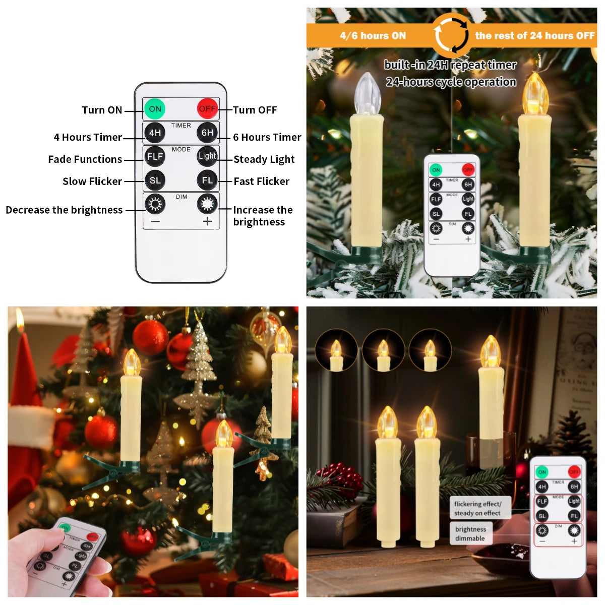 10/20/30Pc LED Flameless Flickering 12CM Taper Clip-On Candles Drip Timer Remote Control Cordless Christmas Tree Holiday Decor