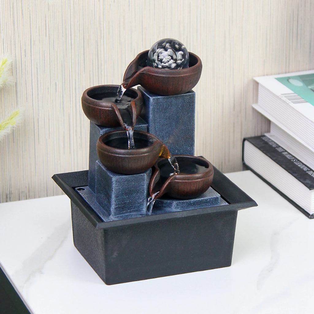 4 Tier Tabletop Water Fountain with Pump Ornament Flowing Water Relaxation Waterfall Fountain for Garden Desk Feng Shui Decor