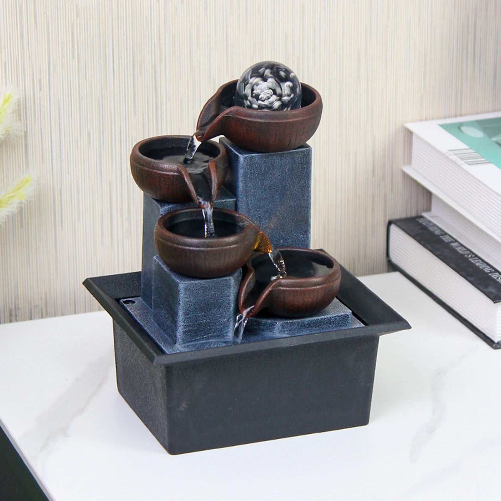 4 Tier Tabletop Water Fountain with Pump Ornament Flowing Water Relaxation Waterfall Fountain for Garden Desk Feng Shui Decor
