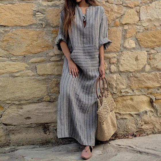 Womens Cotton Linen Dress Big size 5XL large size Kaftan Long Sleeve 2026 Summer Striped Women Large Size Long Maxi Boho Dresses