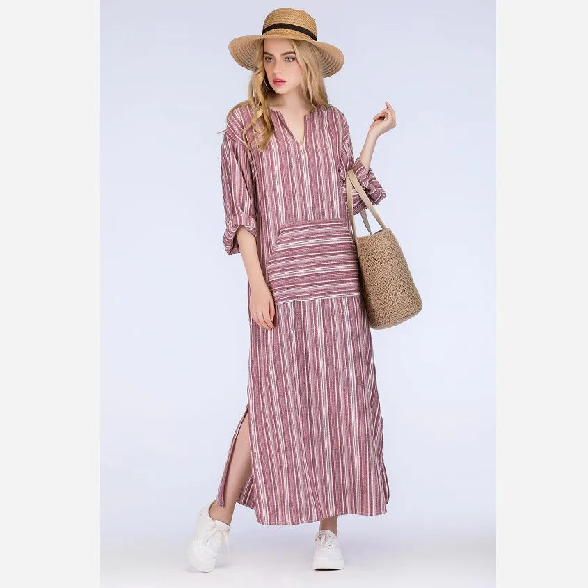 Womens Cotton Linen Dress Big size 5XL large size Kaftan Long Sleeve 2026 Summer Striped Women Large Size Long Maxi Boho Dresses