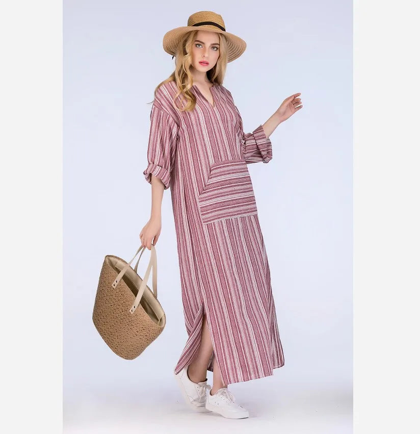 Womens Cotton Linen Dress Big size 5XL large size Kaftan Long Sleeve 2026 Summer Striped Women Large Size Long Maxi Boho Dresses