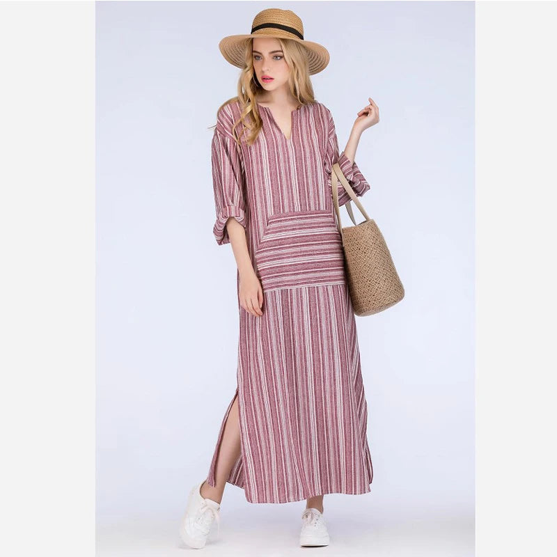 Womens Cotton Linen Dress Big size 5XL large size Kaftan Long Sleeve 2026 Summer Striped Women Large Size Long Maxi Boho Dresses