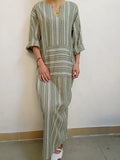 Womens Cotton Linen Dress Big size 5XL large size Kaftan Long Sleeve 2026 Summer Striped Women Large Size Long Maxi Boho Dresses