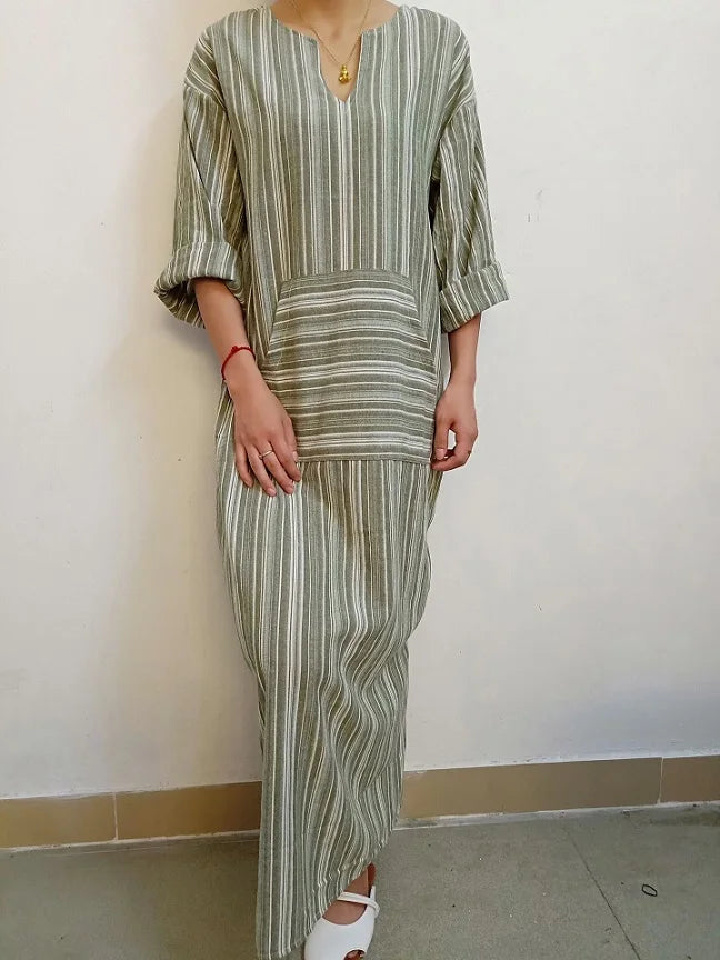 Womens Cotton Linen Dress Big size 5XL large size Kaftan Long Sleeve 2026 Summer Striped Women Large Size Long Maxi Boho Dresses