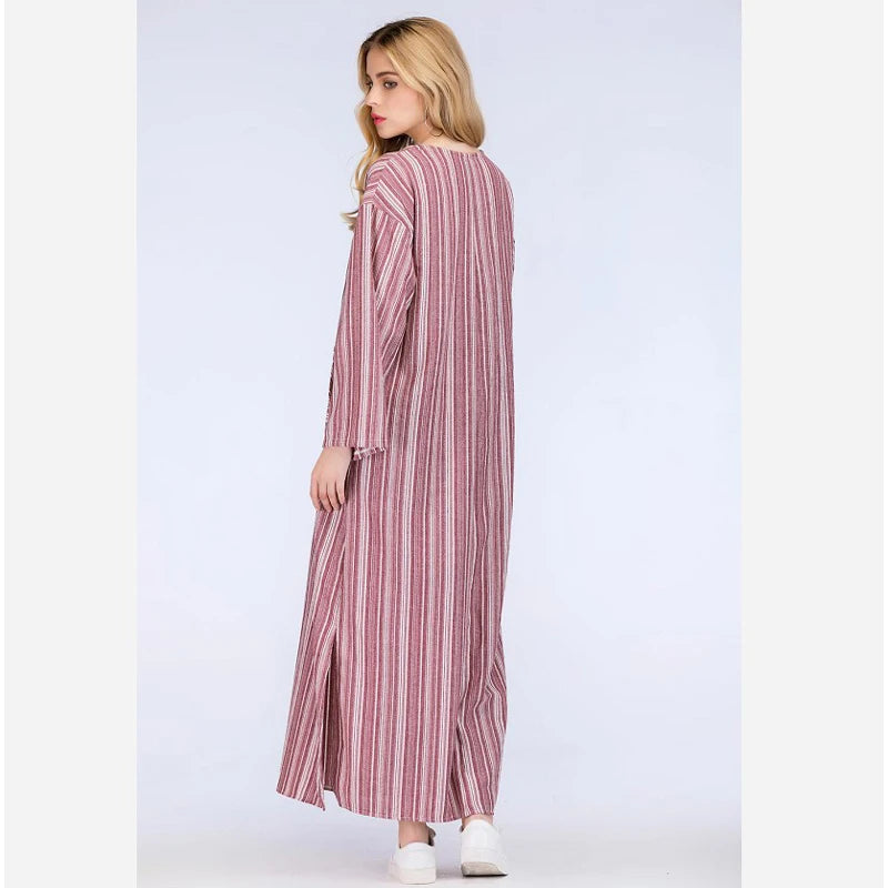Womens Cotton Linen Dress Big size 5XL large size Kaftan Long Sleeve 2026 Summer Striped Women Large Size Long Maxi Boho Dresses