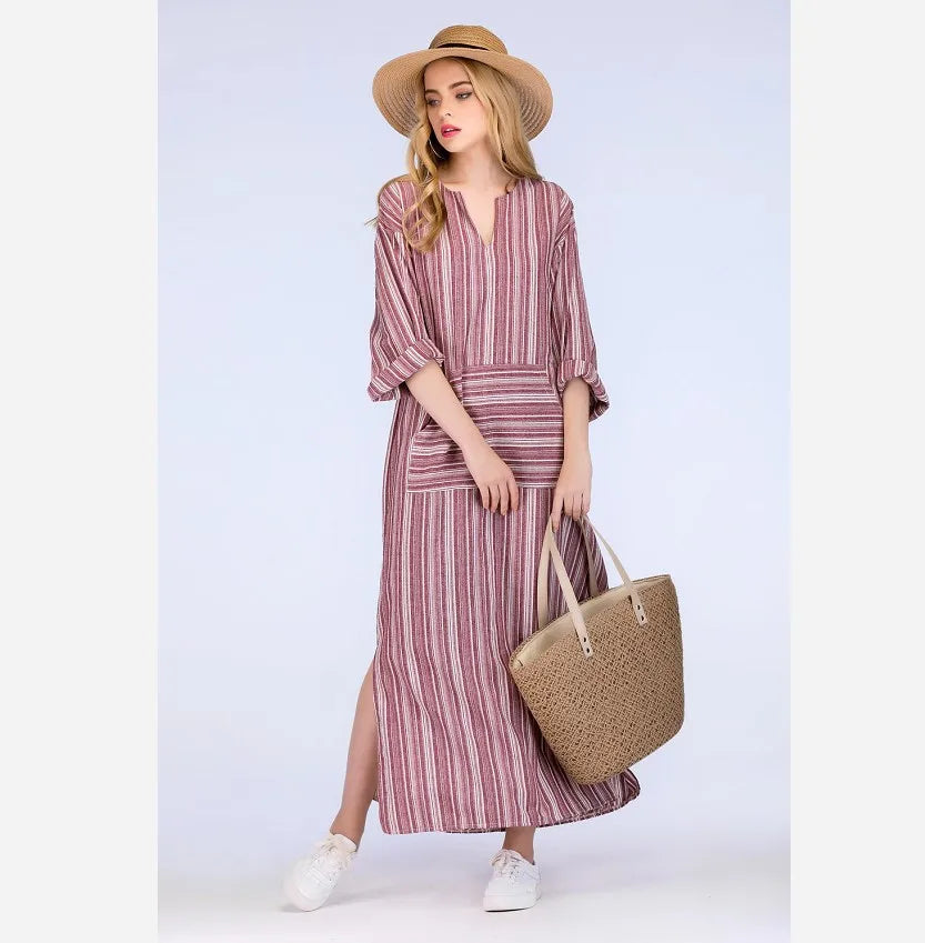Womens Cotton Linen Dress Big size 5XL large size Kaftan Long Sleeve 2026 Summer Striped Women Large Size Long Maxi Boho Dresses