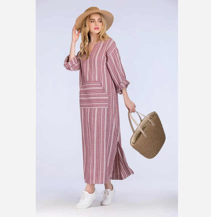 Womens Cotton Linen Dress Big size 5XL large size Kaftan Long Sleeve 2026 Summer Striped Women Large Size Long Maxi Boho Dresses