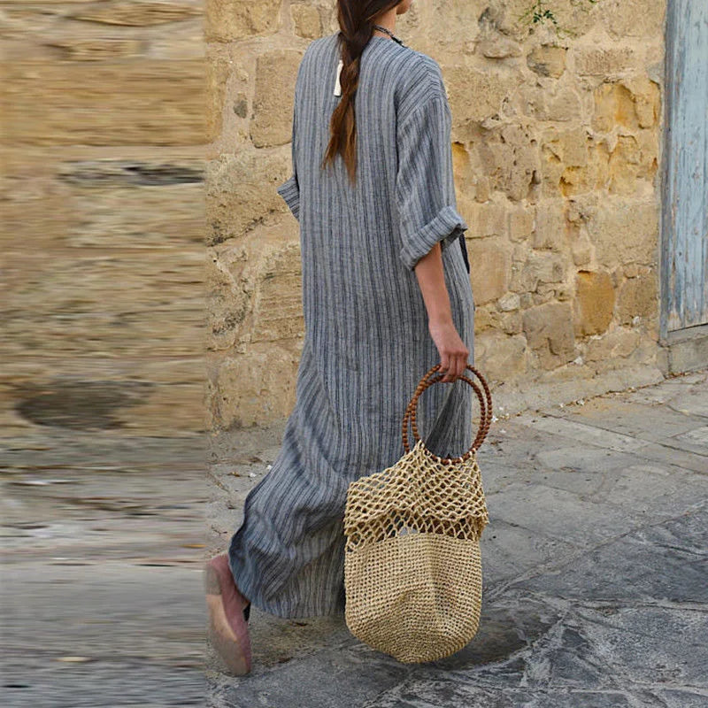 Womens Cotton Linen Dress Big size 5XL large size Kaftan Long Sleeve 2026 Summer Striped Women Large Size Long Maxi Boho Dresses