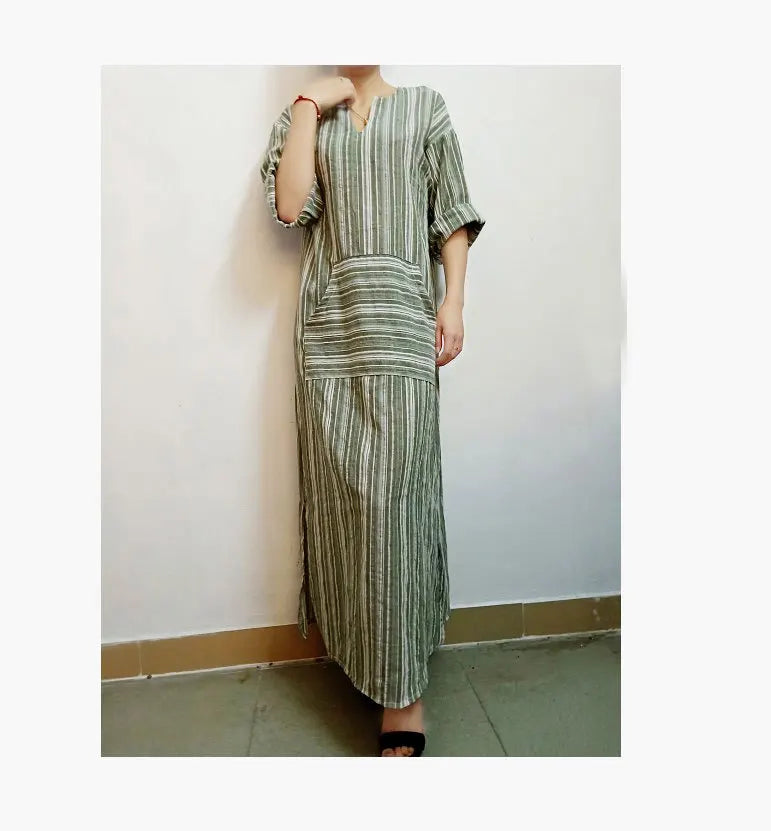 Womens Cotton Linen Dress Big size 5XL large size Kaftan Long Sleeve 2026 Summer Striped Women Large Size Long Maxi Boho Dresses