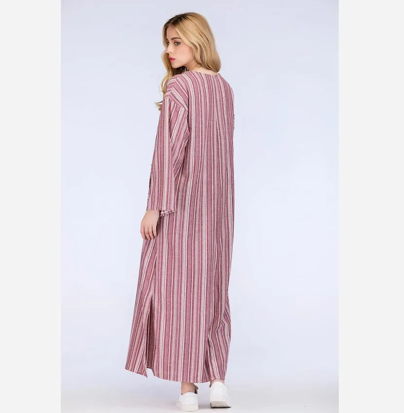 Womens Cotton Linen Dress Big size 5XL large size Kaftan Long Sleeve 2026 Summer Striped Women Large Size Long Maxi Boho Dresses