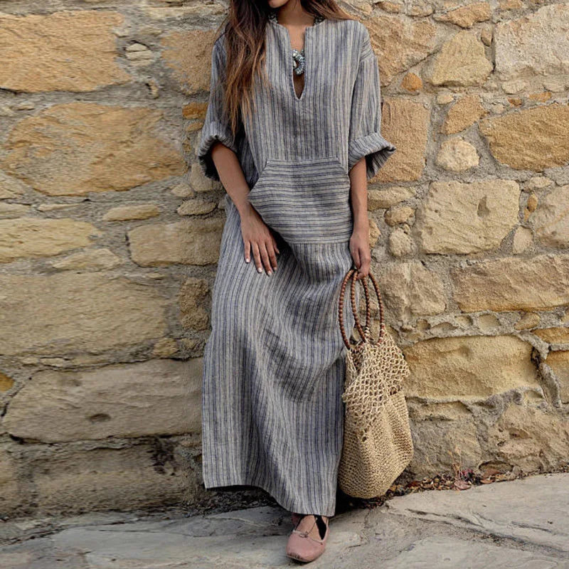 Womens Cotton Linen Dress Big size 5XL large size Kaftan Long Sleeve 2026 Summer Striped Women Large Size Long Maxi Boho Dresses