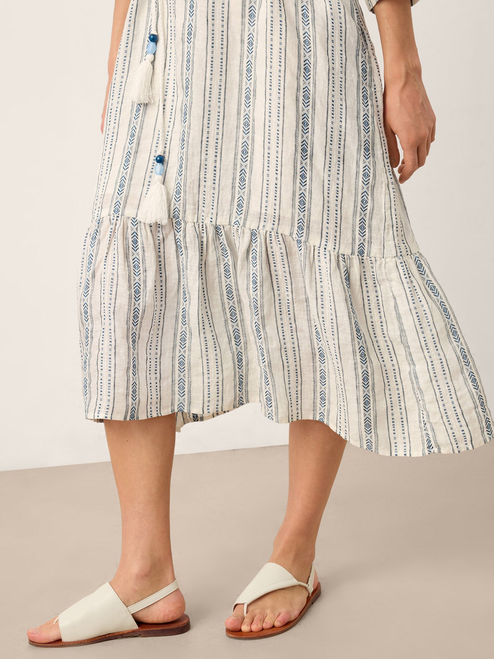 Linen Tribal Stripe Split Neck Bohemian Ruffle Maxi Dress with Woven Belt and Slip MARLOWE