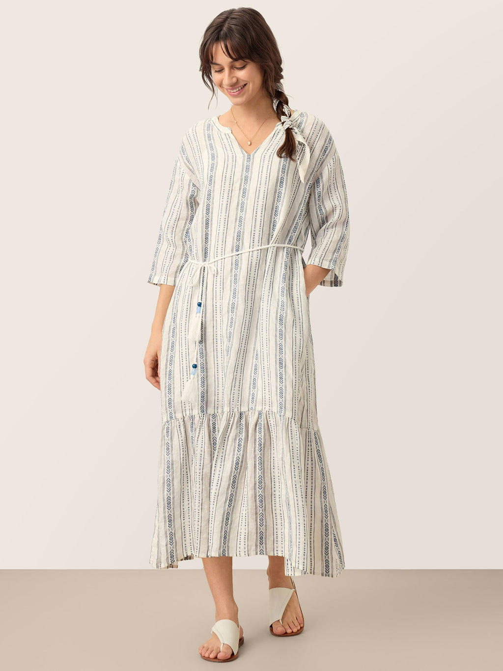 Linen Tribal Stripe Split Neck Bohemian Ruffle Maxi Dress with Woven Belt and Slip MARLOWE