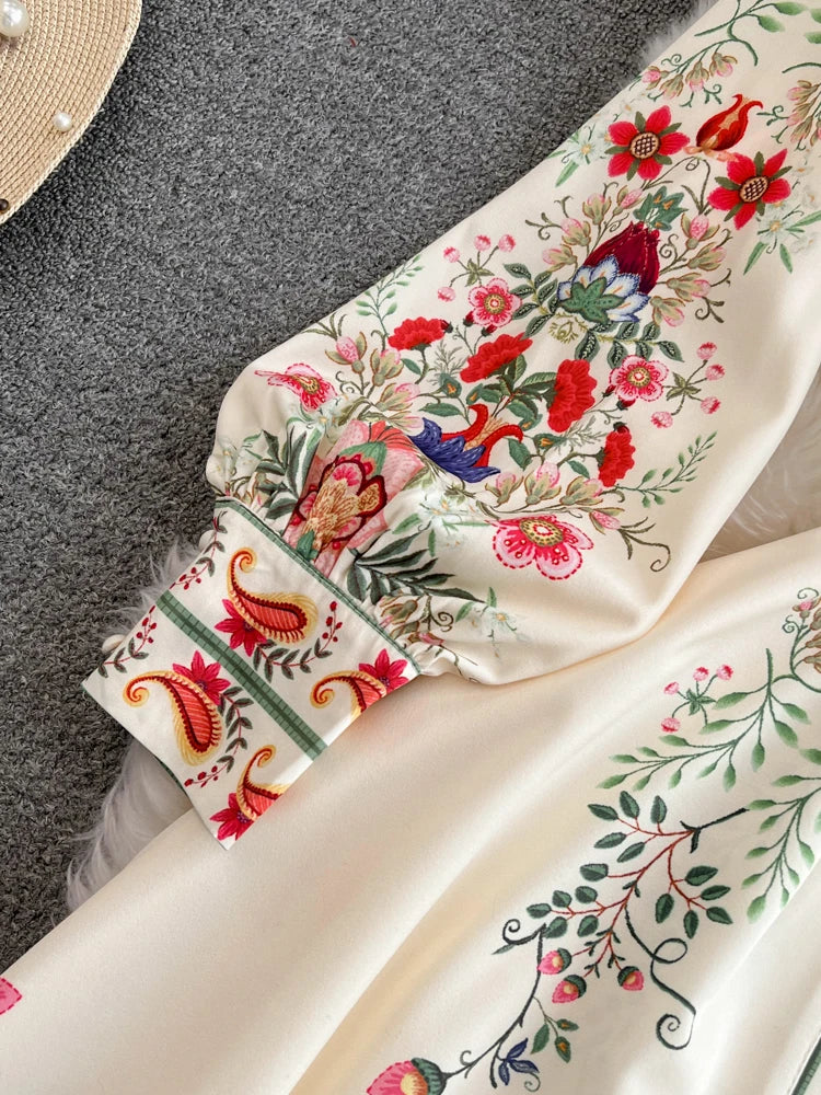 2026 Runway Luxury Designer Dresses Women Stand Neck Long Sleeve Floral Print With Belt Boho Holiday Dress Flower Long Robes