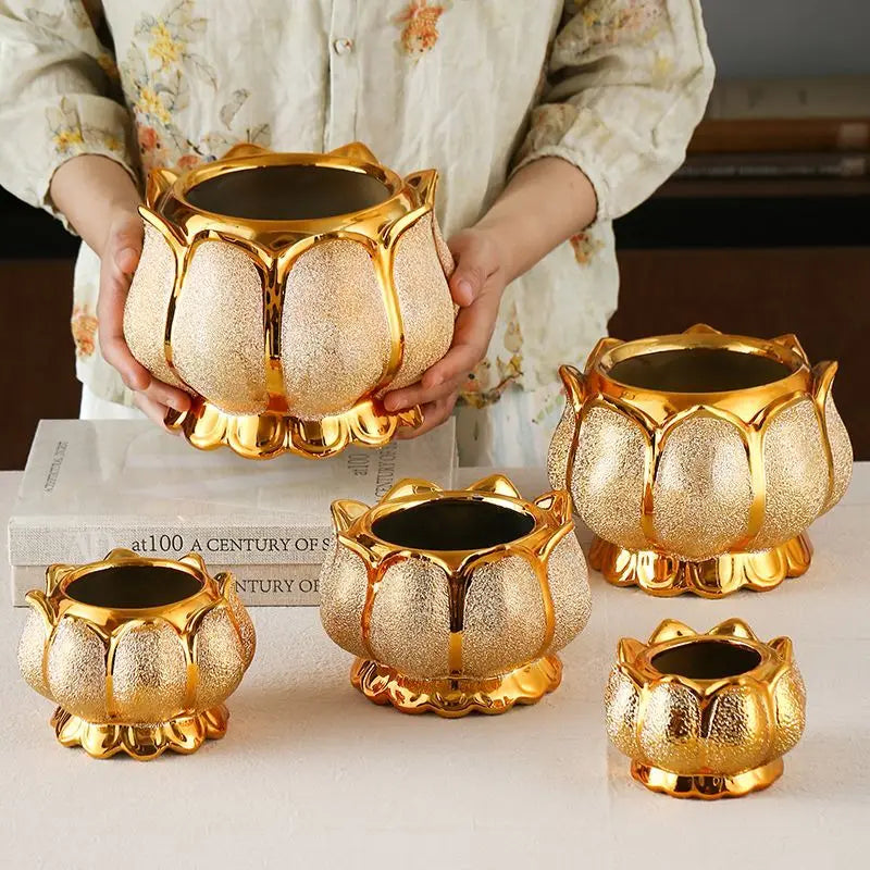 Buddhism Incense Burner Golden Ceramic Incense Sticks Holder Religious Items Lotus Decoration 4" 5" 6" 7" 8"