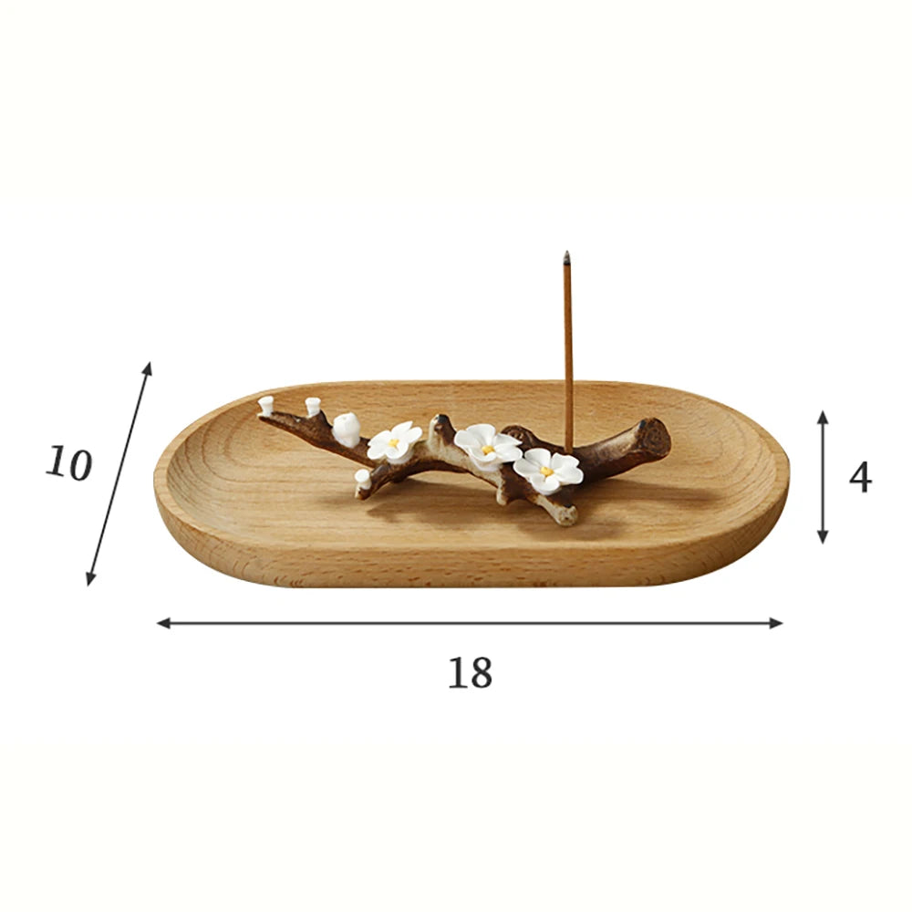 Ceramic Handicraft Simulation Plum Blossom Incense Burner Stick Incense Holder with Wooden Ash Tray Buddhism Supplies Home Decor