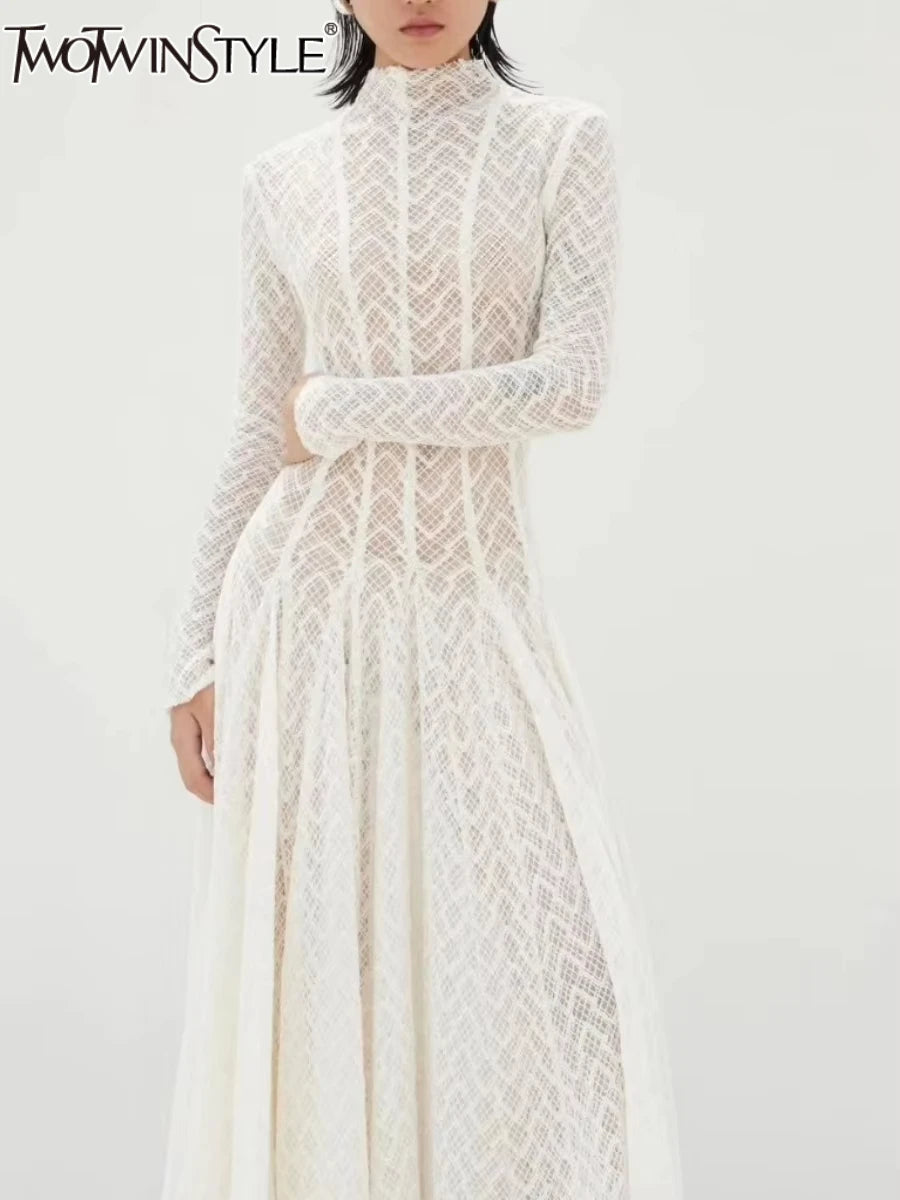 TWOTWINSTYLE Solid Slimming Spliced Ruffles Dresses for Women Round Neck Long Sleeves Patchwork Hollow Out Dress Female Clothing