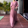 Elegant V-neck Waist Evening Dress Women Casual 3/4 Sleeve Solid Pleated Maxi Dress Spring Autumn Fashion Pullover Party Dresses