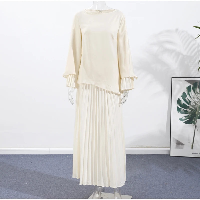 2025 Women Fashion O-neck Patchwork Long Dress Elegant Solid Flare sleeve Pleated High Waist Slim Dresses Lady Summer Chic Robes