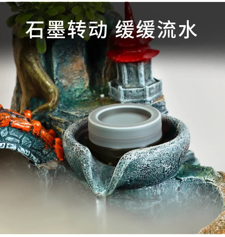 Indoor Fountain with Fish Tank Feng Shui Resin Waterwheel Relaxing Fog Water Feature for Home & Office Décor Water Feature