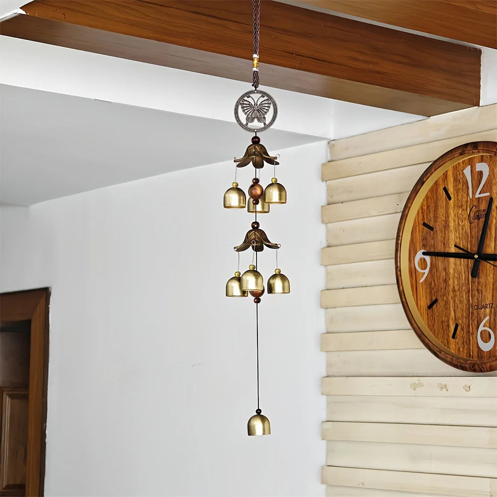 Wind Chime Featuring a Double Metal Bell Pendant, Brass-Colored, Ideal for Decorating Your Home Or Patio Wall, And Makes a