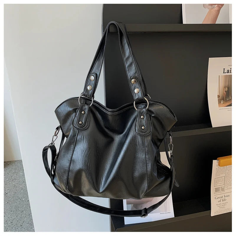 Big Black Shoulder Bags for Women Large Hobo Shopper Bag Solid Color Quality Soft Leather Crossbody Handbag Lady Travel Tote Bag