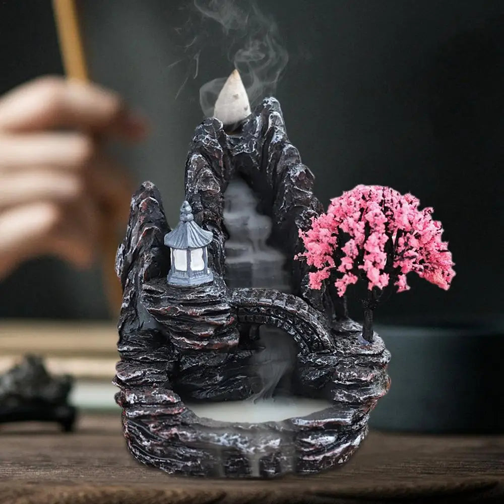 Waterfall Incense Burner Holder Mountains River Stick Holder Buddhism Aroma Backflow Incense Cones For Home Office House Decor