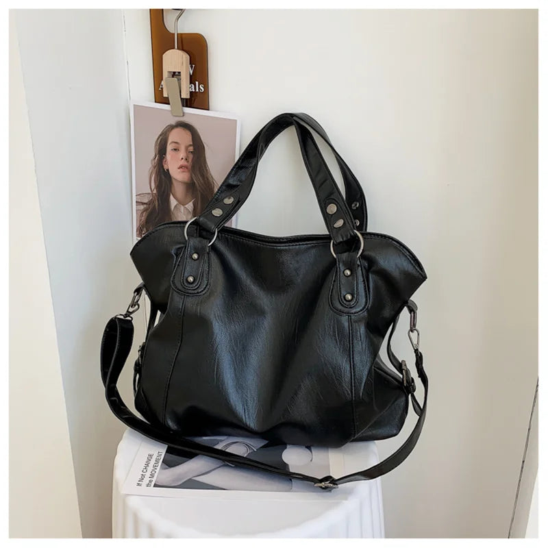 Big Black Shoulder Bags for Women Large Hobo Shopper Bag Solid Color Quality Soft Leather Crossbody Handbag Lady Travel Tote Bag