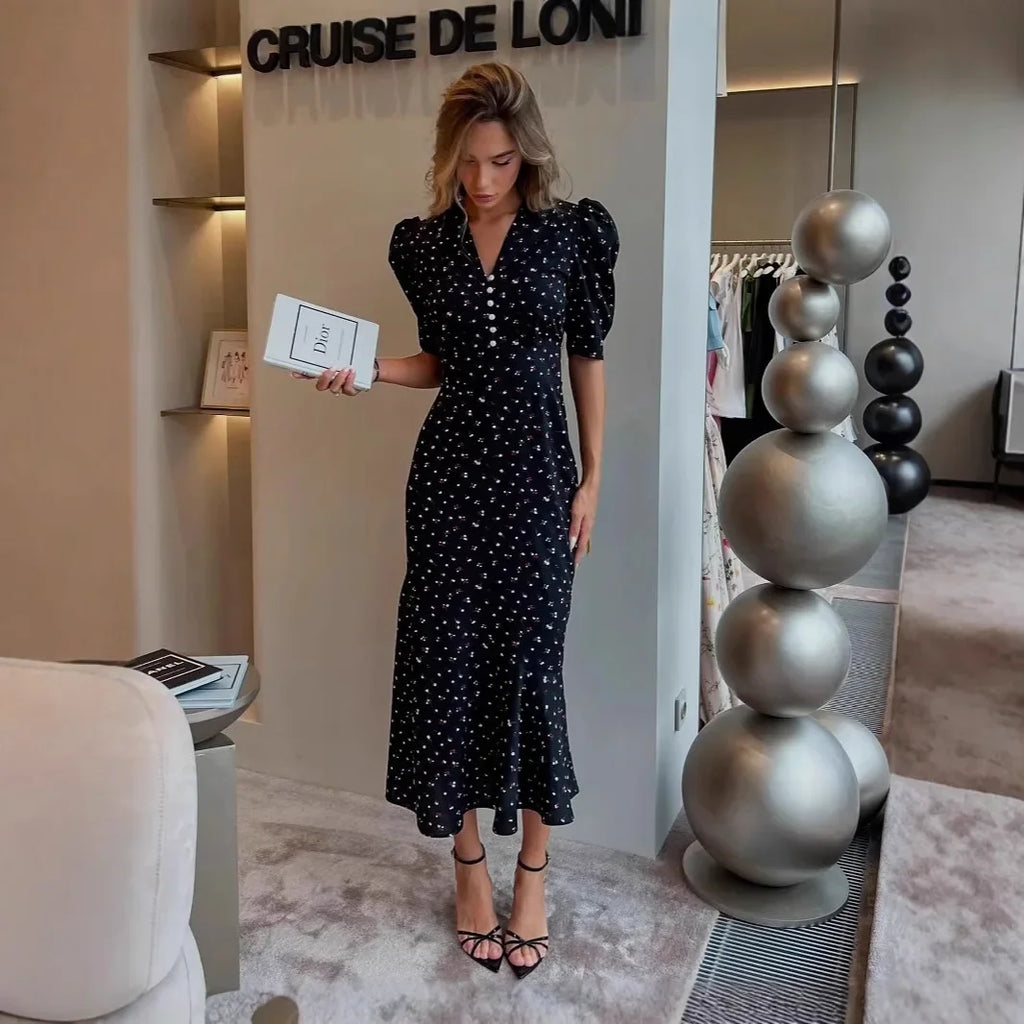 Tuularose Elegant Printed Long Dress Black V Neck Bubble Sleeve Summer Party Dresses Luxury Contrast Vintage Women Evening Dress